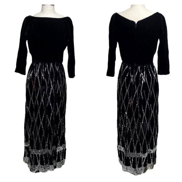 Vintage 50s 60s Suzy Perette Black Velvet Silver‎ Sequin Evening Cocktail Dress - Picture 1 of 9